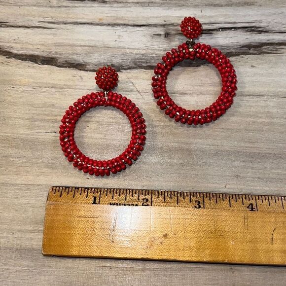 Orange Beaded Hoop Earrings Gold Tone Boho Bohemian Flair - Picture 5 of 6